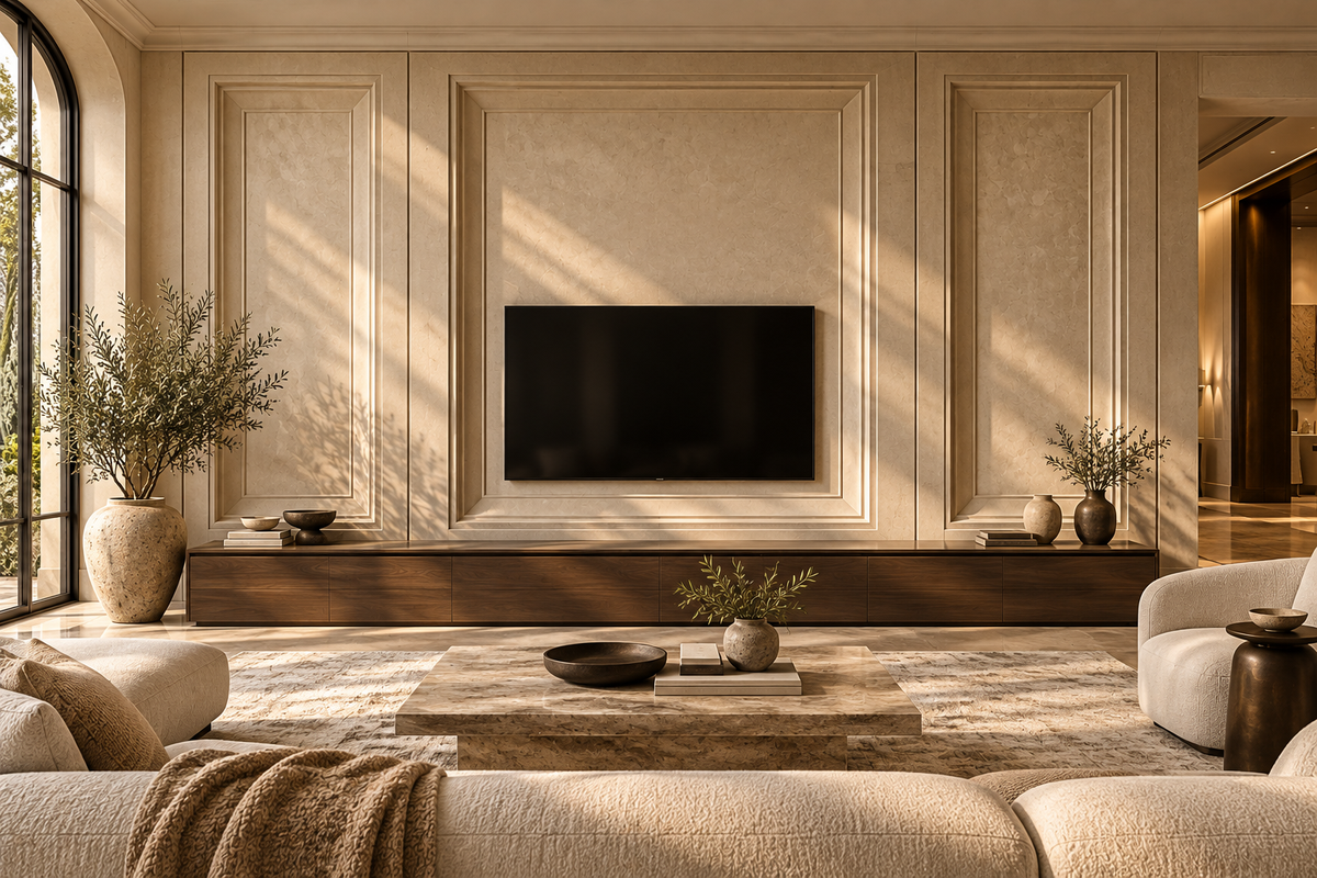 Galleria Custom Architectural Wall Panels — TV/media wall with integrated cabinetry design concept