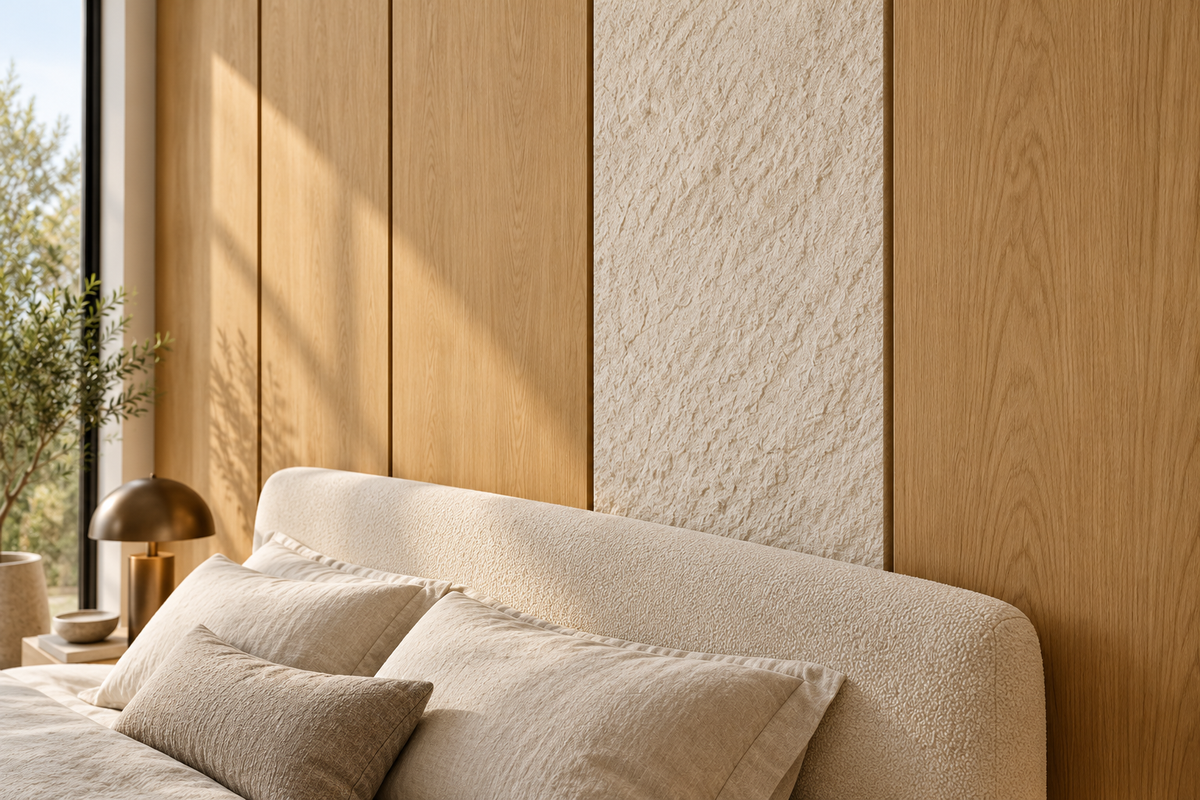 Layered custom architectural wall panel concept — close-up view of surface and panel detailing