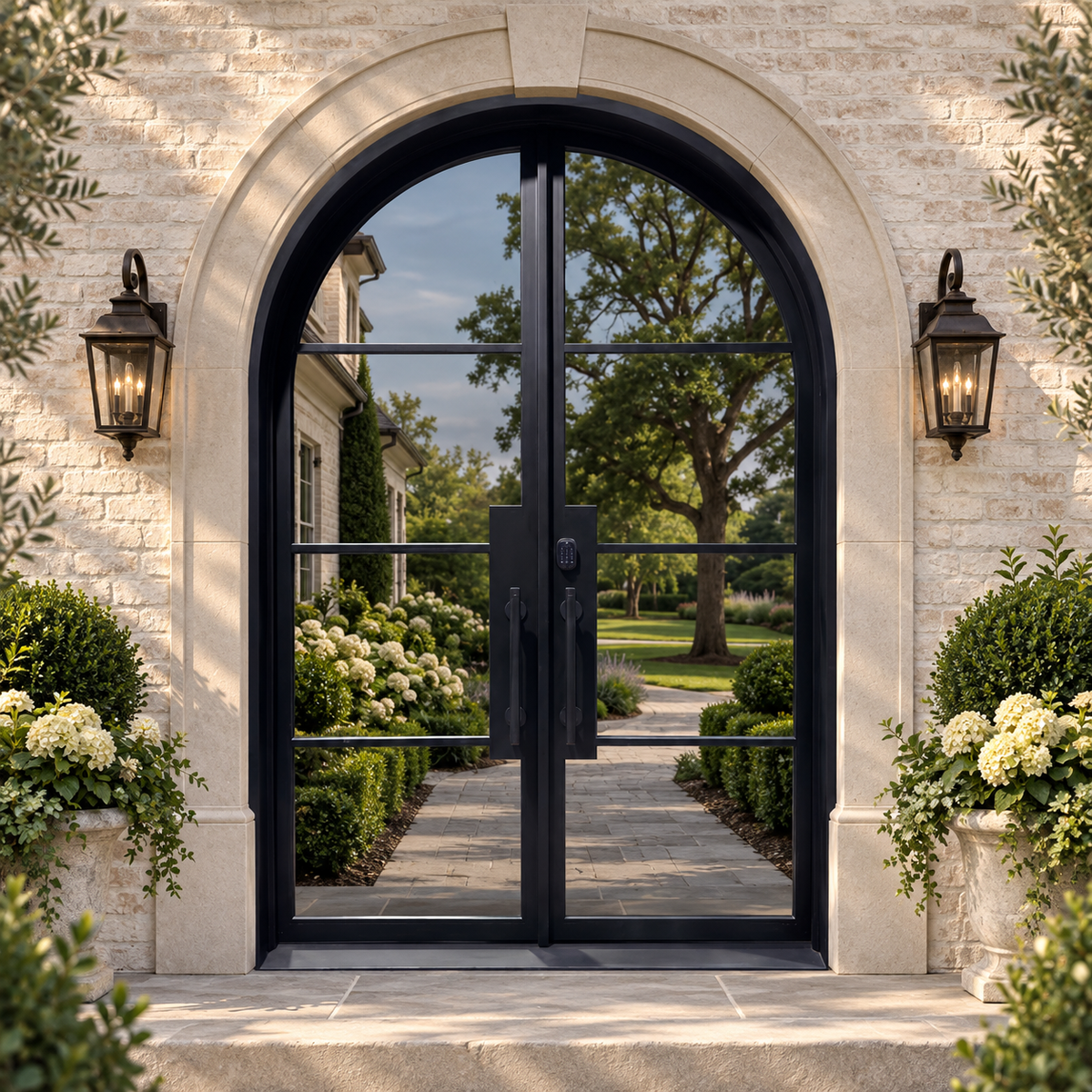 Monteluce arched four-lite double iron French door in a luxury estate setting — design visualization