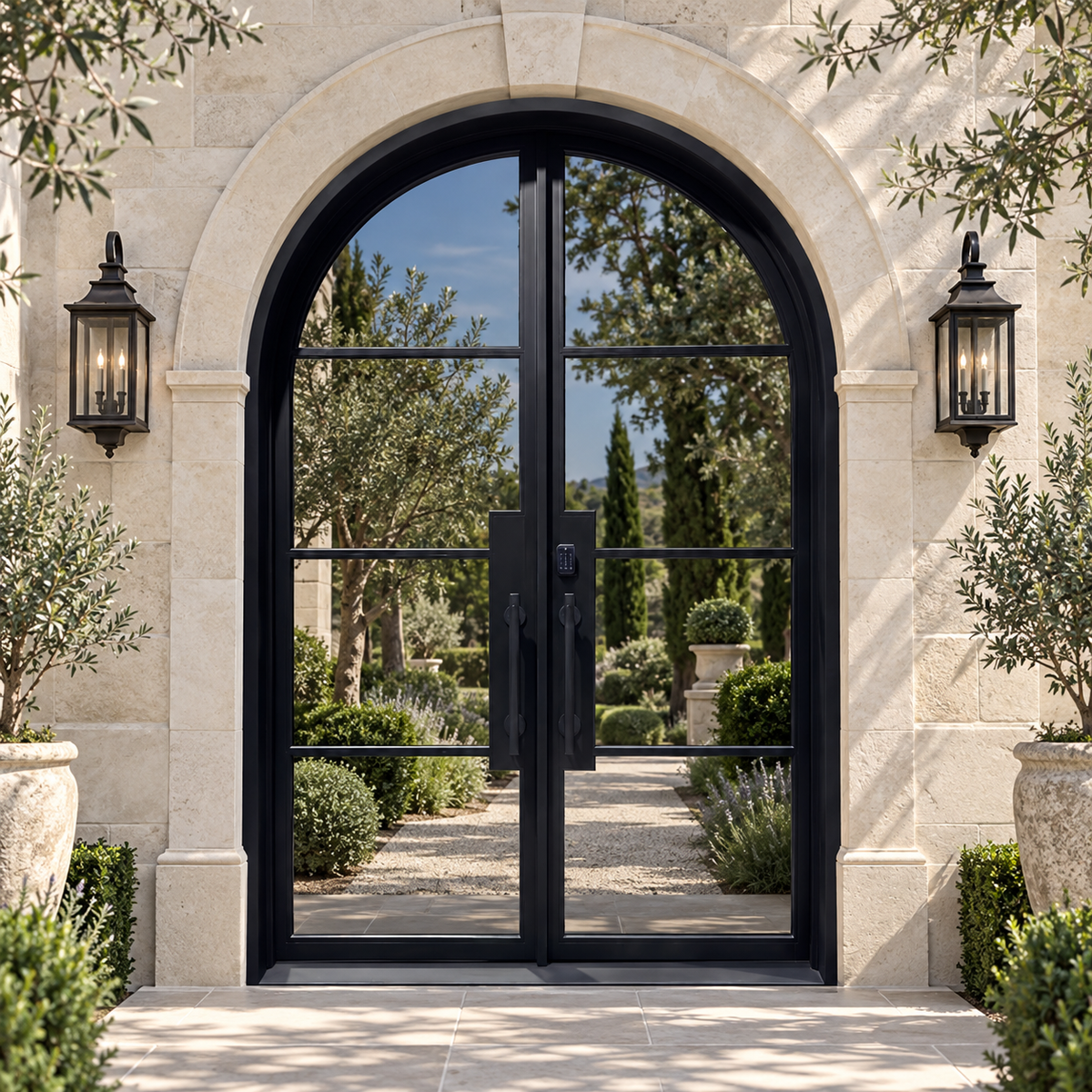 Monteluce arched four-lite double iron French door in a luxury villa setting — design visualization