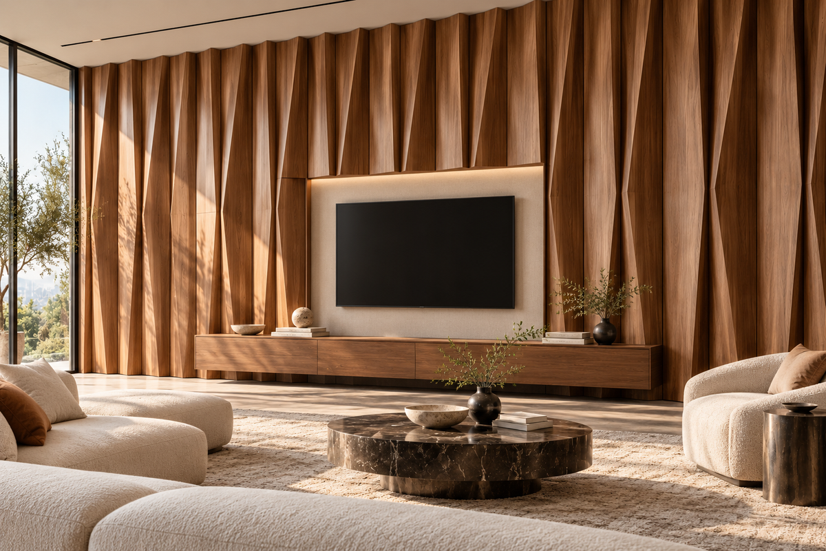Palisade Custom Architectural Wall Panels — TV/media wall with integrated cabinetry design concept