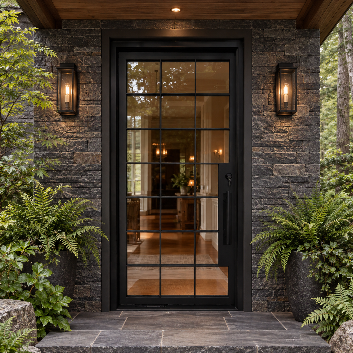 Ravelle Grid Glass Pivot Door — lifestyle visualization