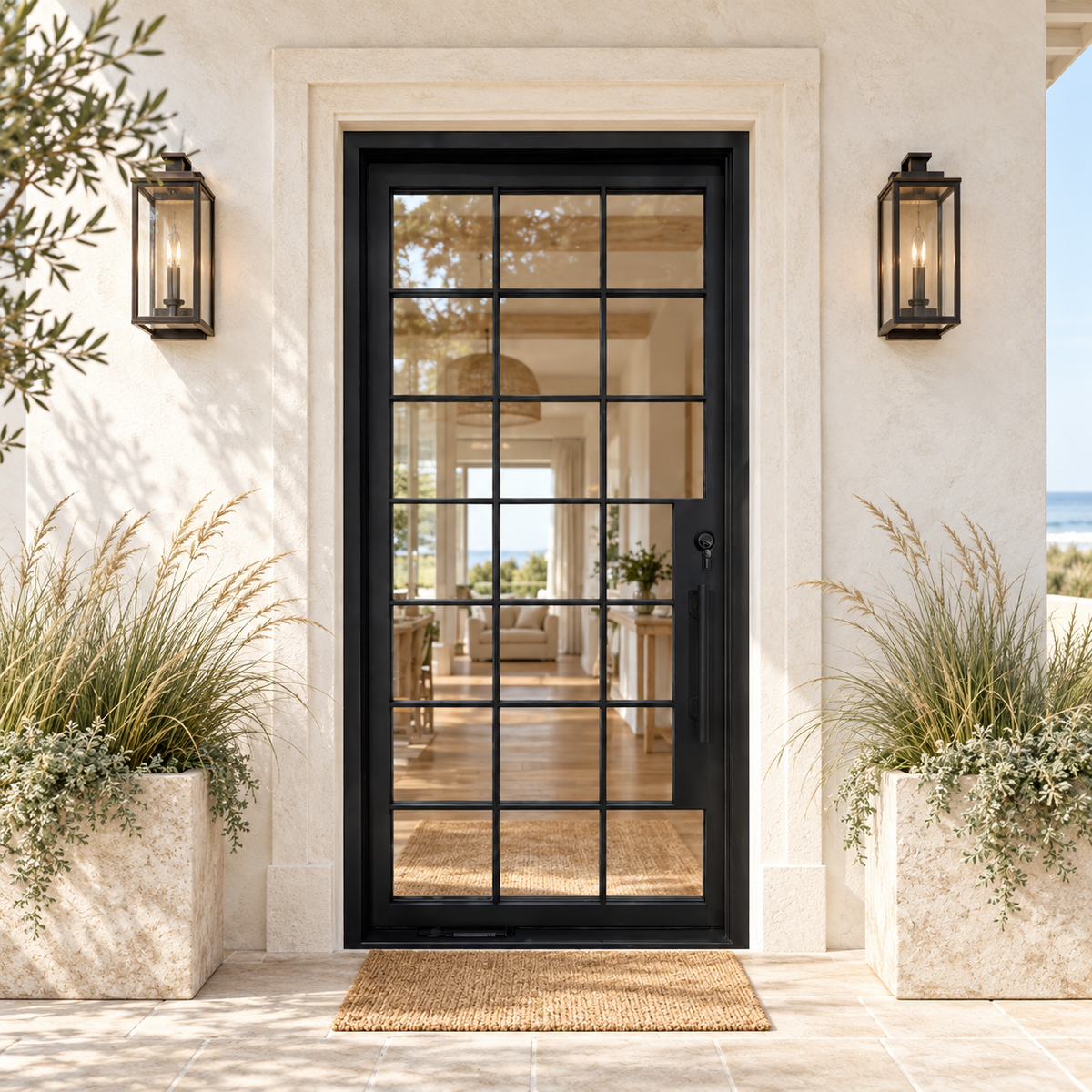 Ravelle Grid Glass Pivot Door — lifestyle visualization