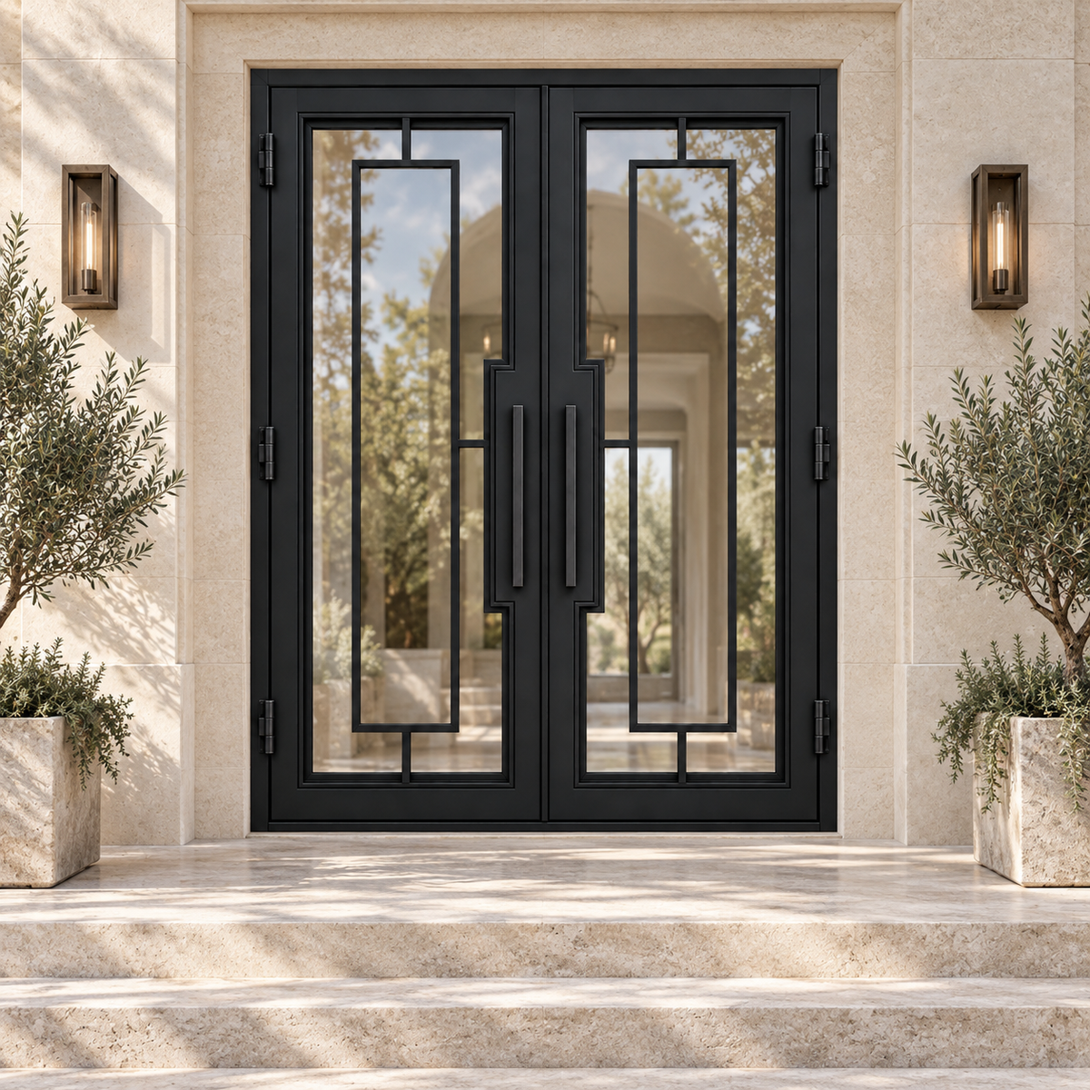 Rectilinear double iron door in a luxury limestone villa setting — design visualization