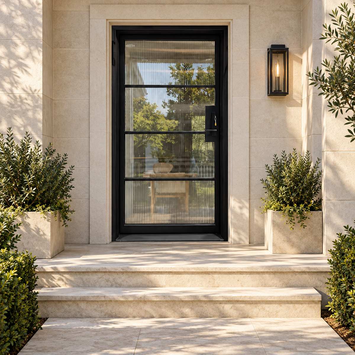 Reedhaven four-lite single iron French door in a luxury limestone setting — design visualization