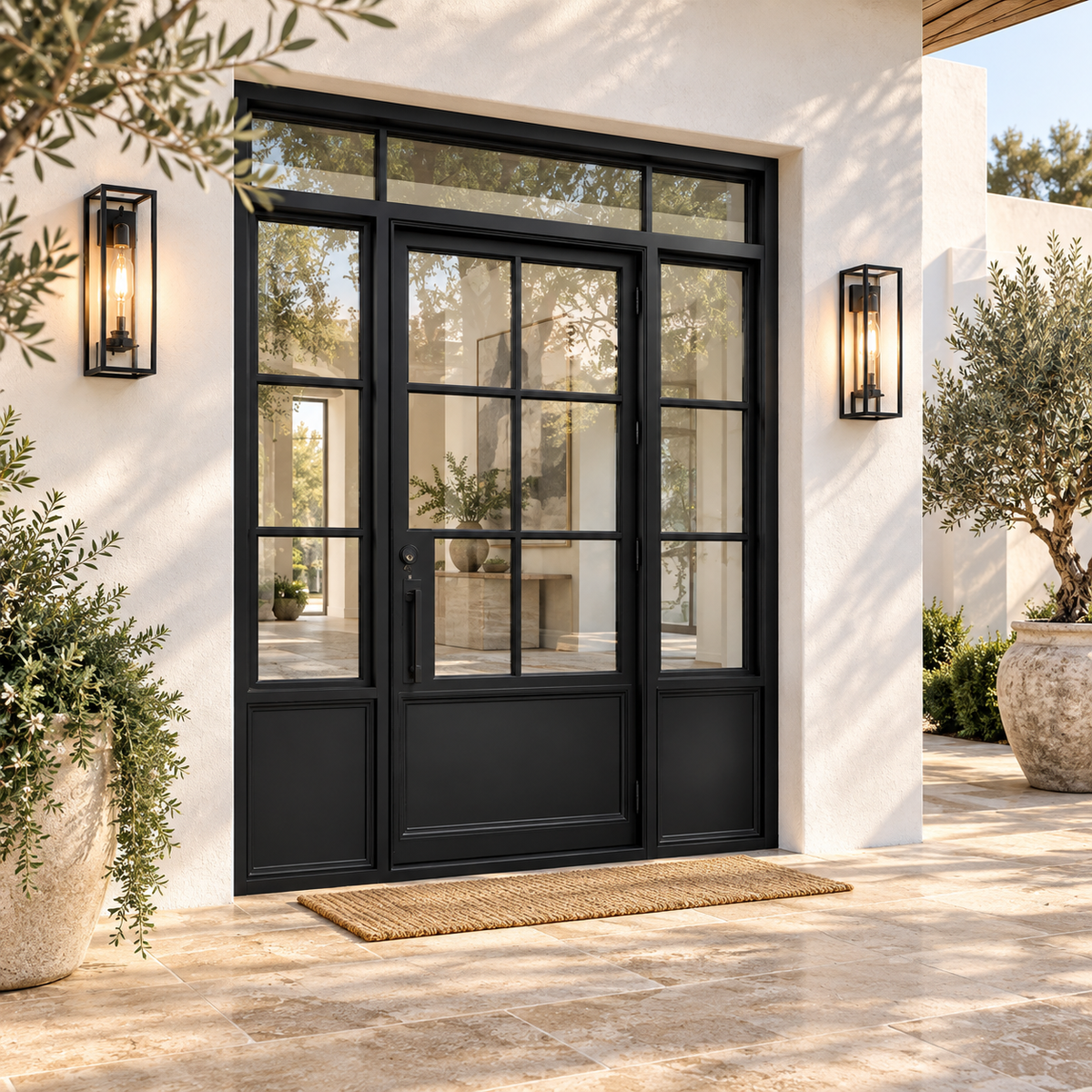 Solmere single iron French door with two sidelights and transom in a luxury courtyard setting — design visualization