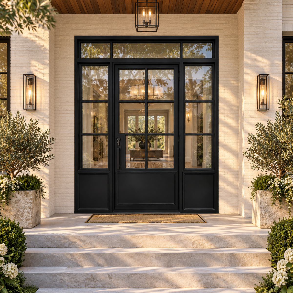 Solmere single iron French door with two sidelights and transom in a luxury estate setting — design visualization
