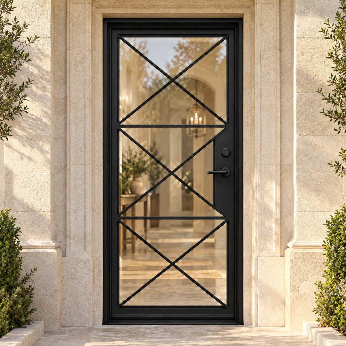 Oakmere Three Cross Single in a luxury residential setting — design visualization; hardware and finish are illustrative