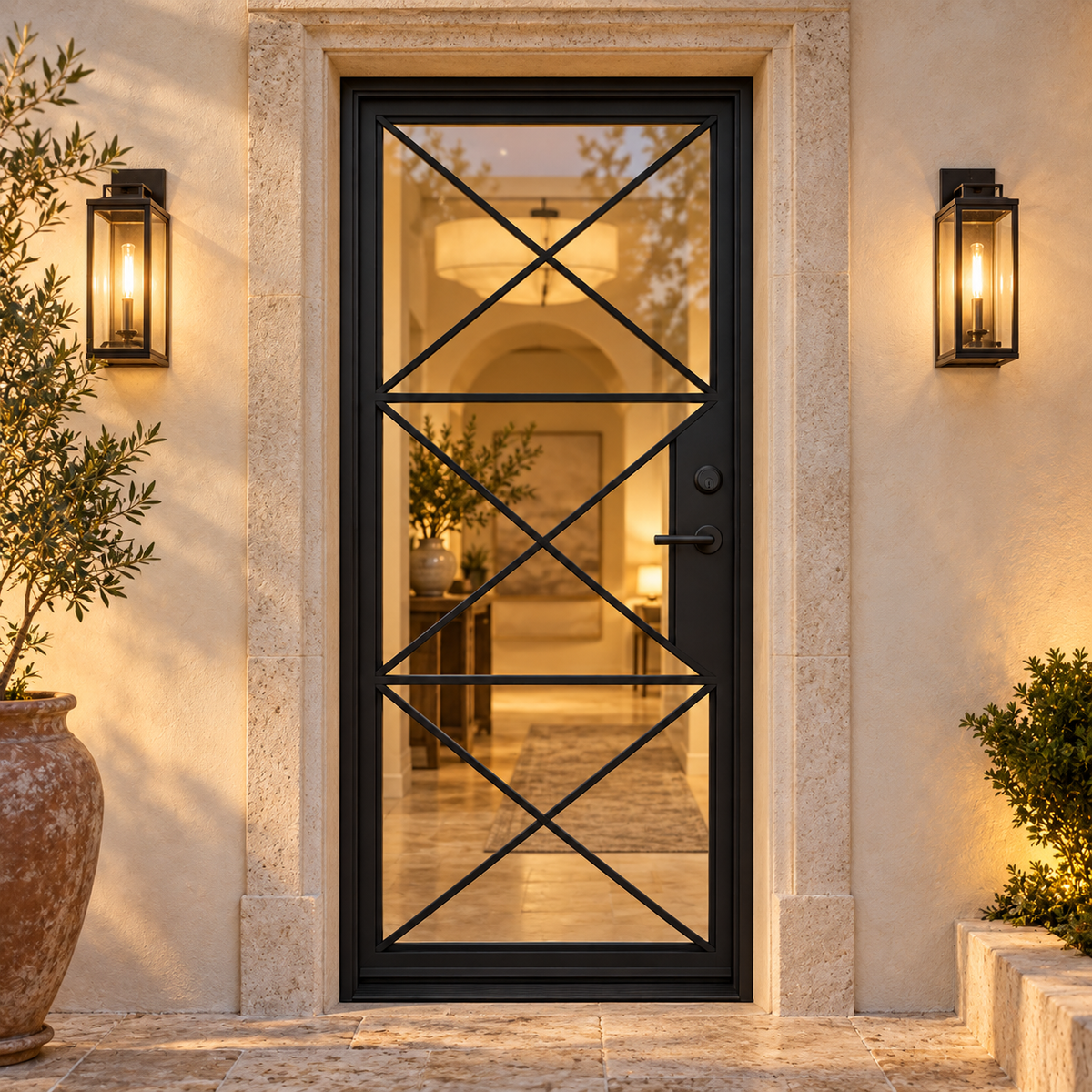 Oakmere Three Cross Single in a luxury residential setting — design visualization; hardware and finish are illustrative