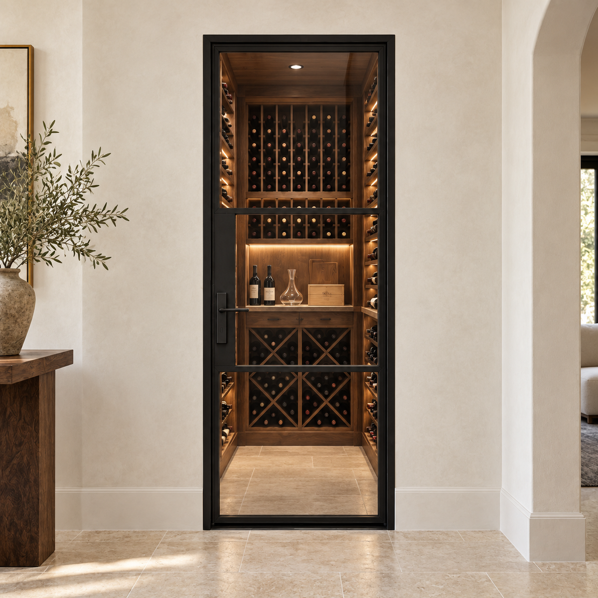 Black 3-lite steel door leading into a walnut wine cellar from an ivory hallway