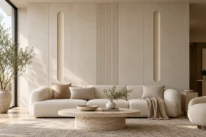 Serene custom architectural wall-panel concept in a neutral living room