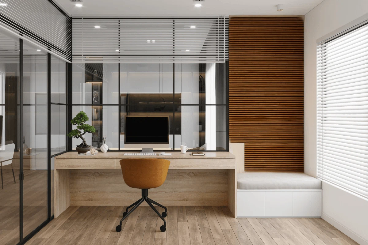 Minimalist office space with acoustic wall panel and glass walls, showcasing a clean and elegant design.