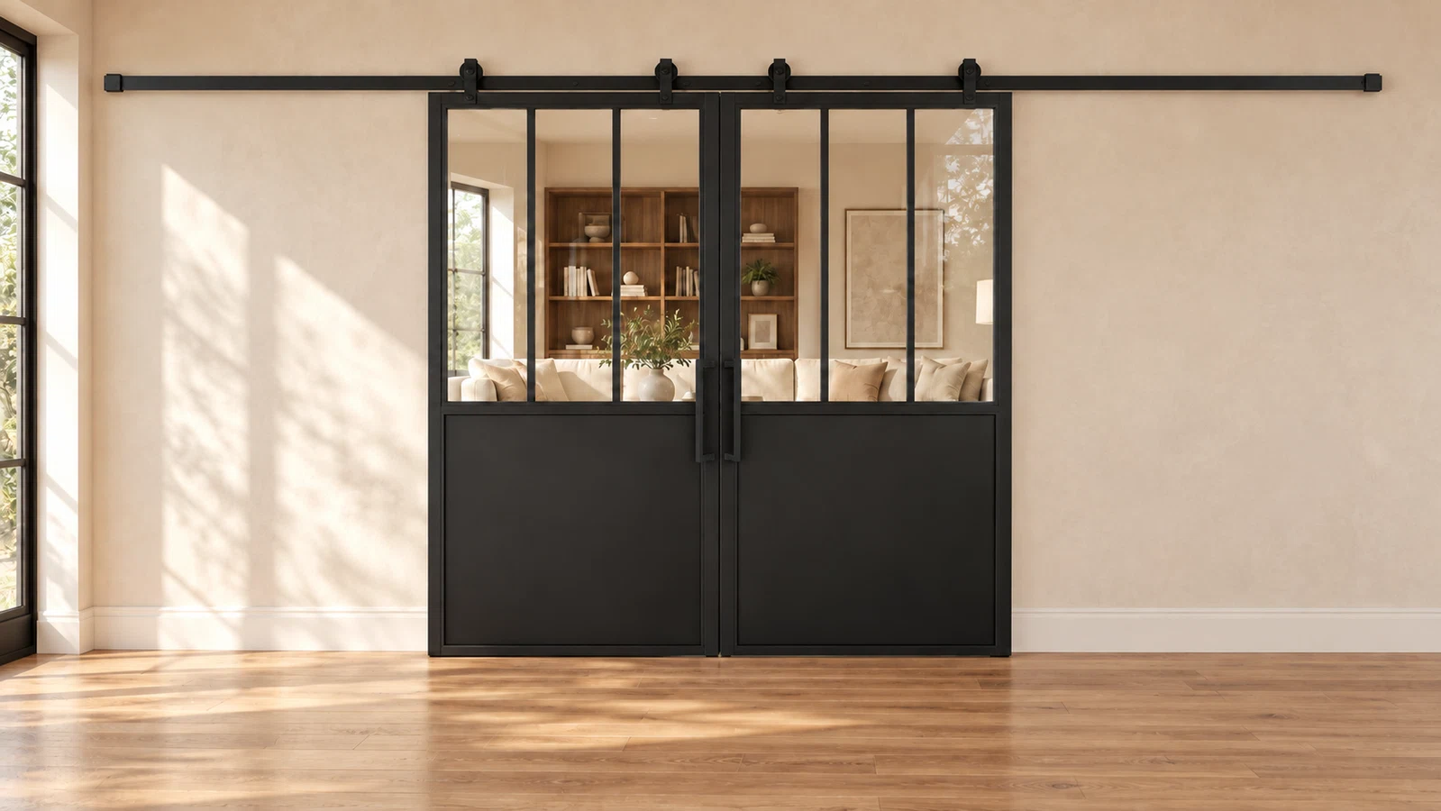 USABD 3 Lite Interior Steel Double Barn Door with three vertical panes per leaf and included rectangular pulls — living