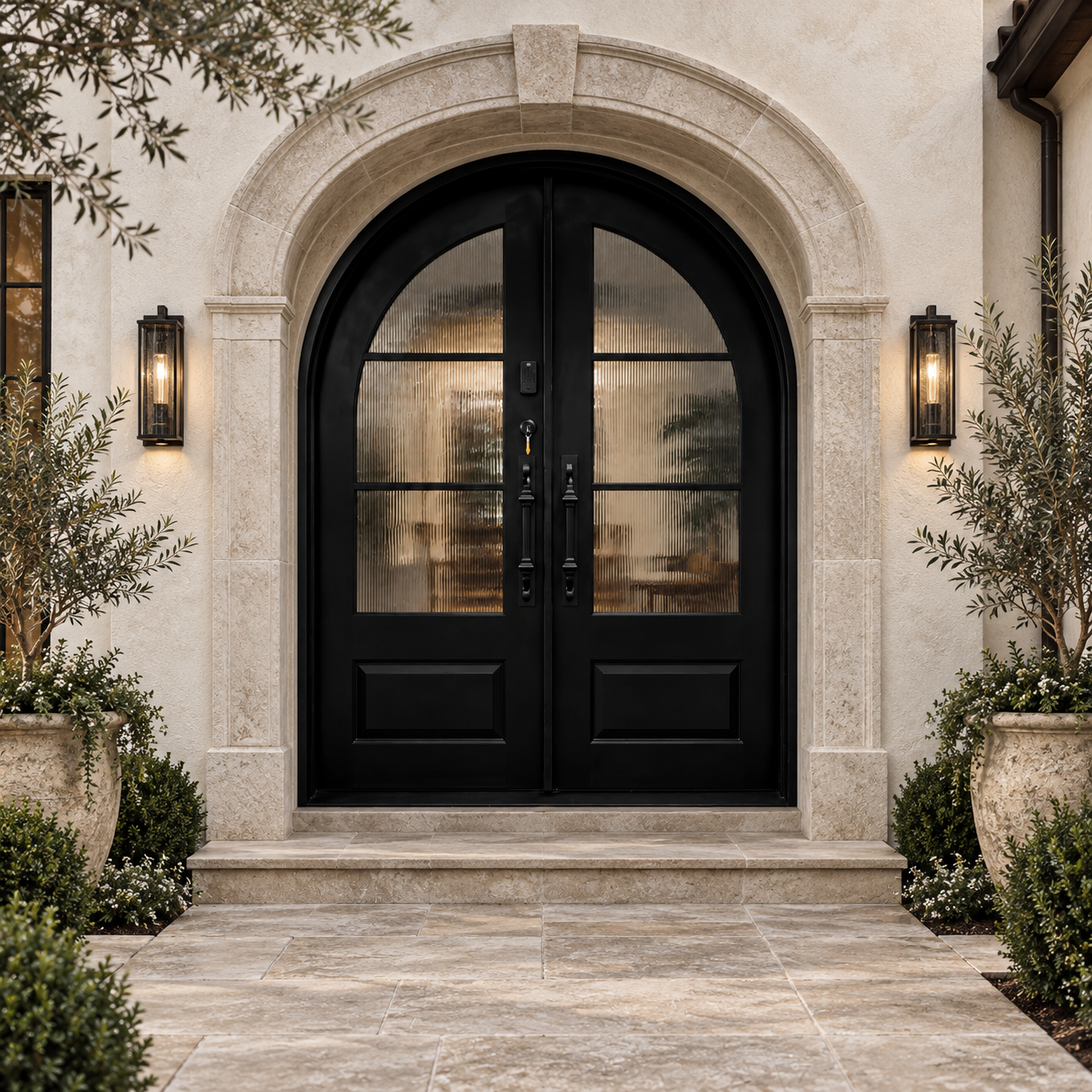 Bellavere arched double iron French door in a luxury estate setting — design visualization