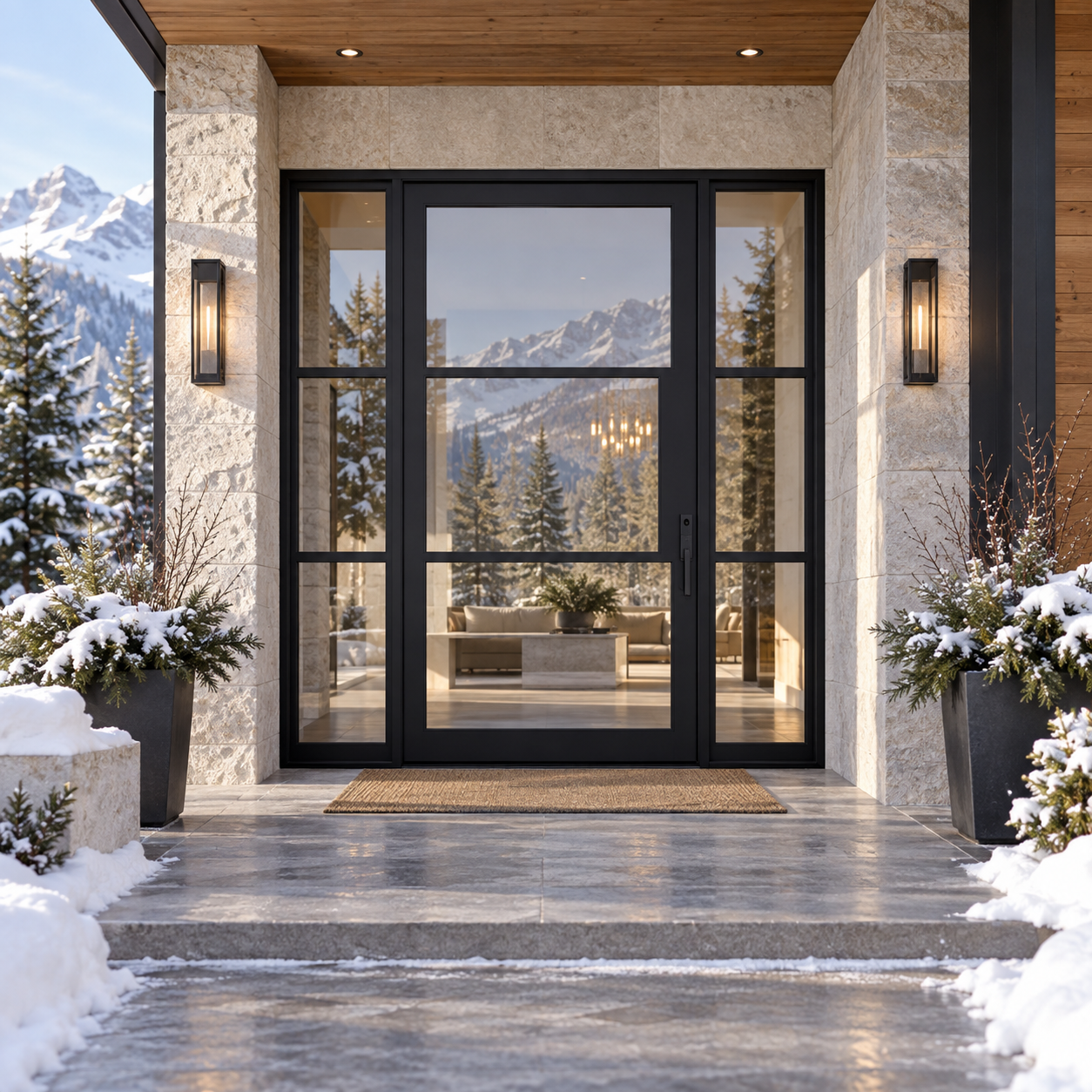 Lite 3 Single + Sidelights thermally broken black steel door in a luxury winter mountain home — lifestyle visualization
