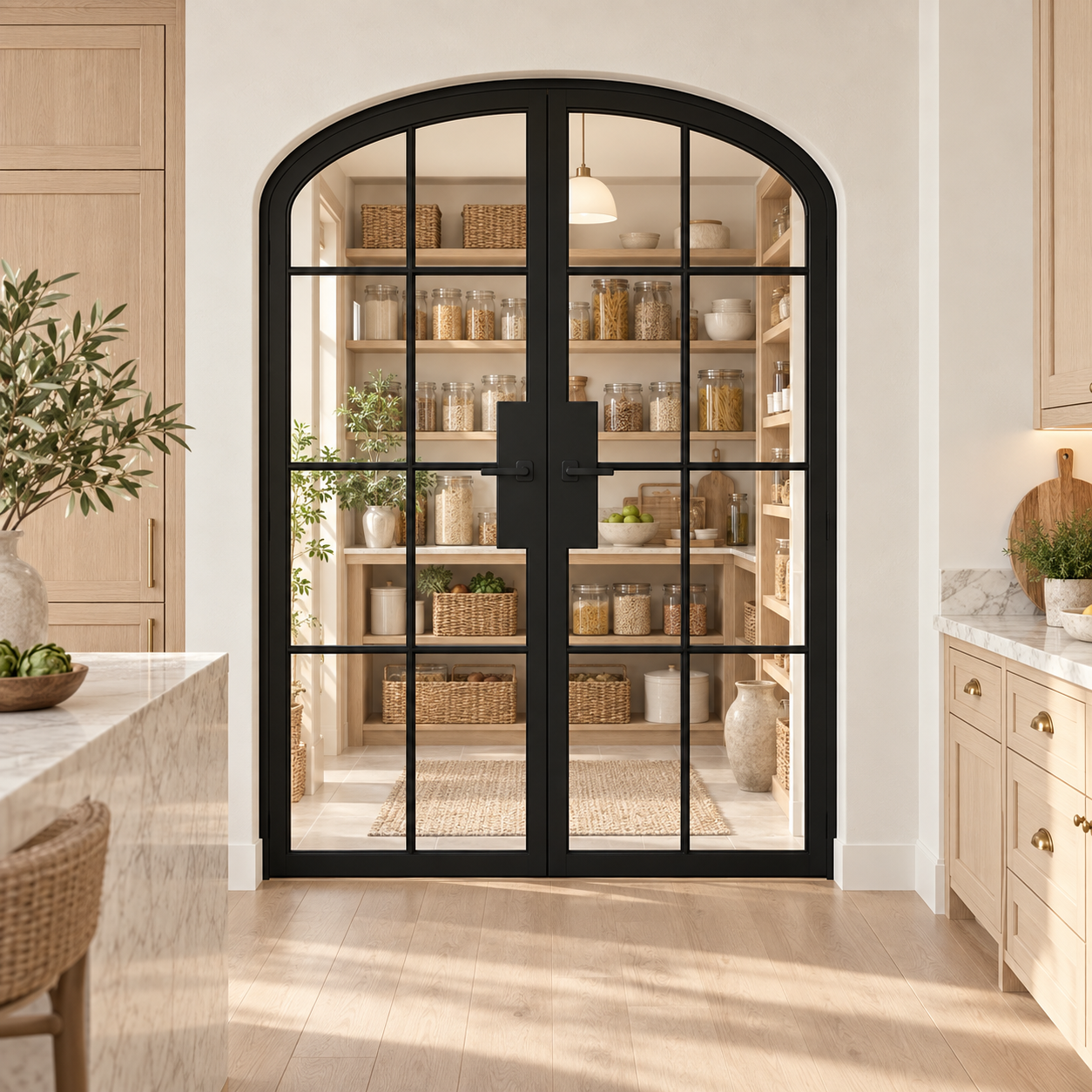 8 Lite Steel Pantry Arched Top French Double Door leading into an oak pantry from an ivory kitchen — product visualization