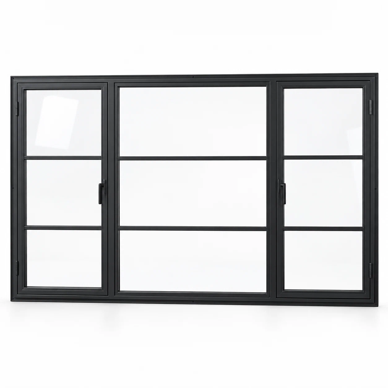 Dual Casement Steel Window with Fixed Center — white-background product visualization