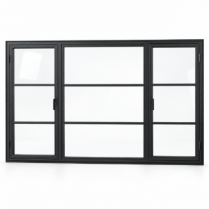 Dual Casement Steel Window with Fixed Center — white-background product visualization