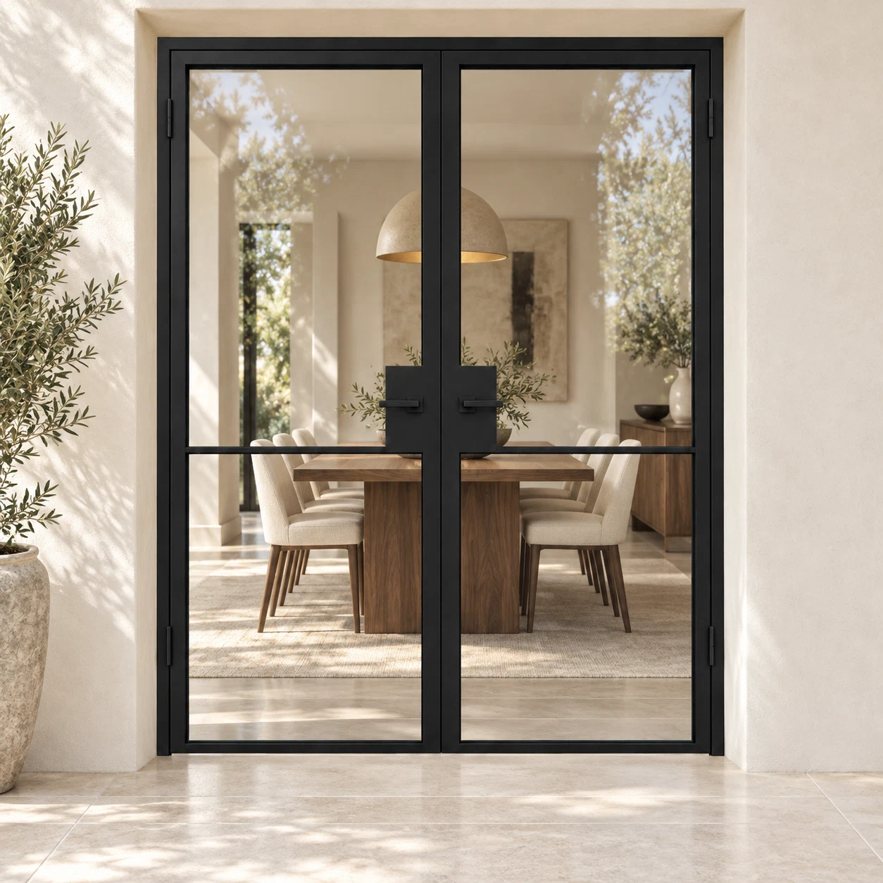 USABD 2 Lite Interior Steel French Double Door with included black lever hardware — dining