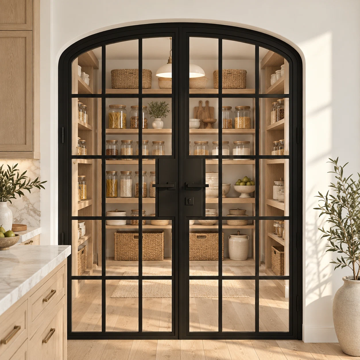 15 Lite Steel Pantry Arched Top French Double Door leading into an oak pantry from an ivory kitchen — product visualization