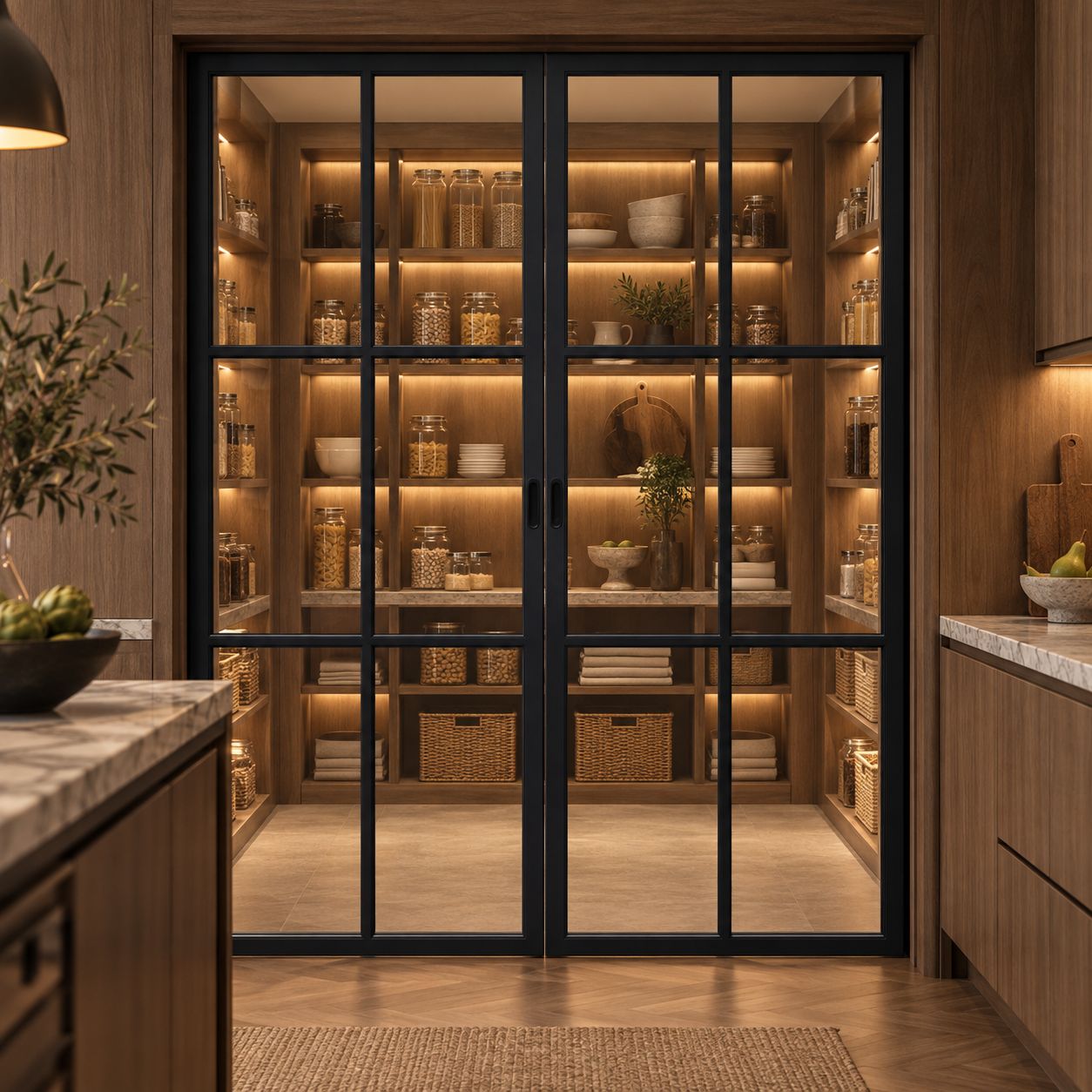 6-Lite Double Steel Pocket Pantry Door leading into a walnut pantry from a marble-trimmed kitchen — product visualization