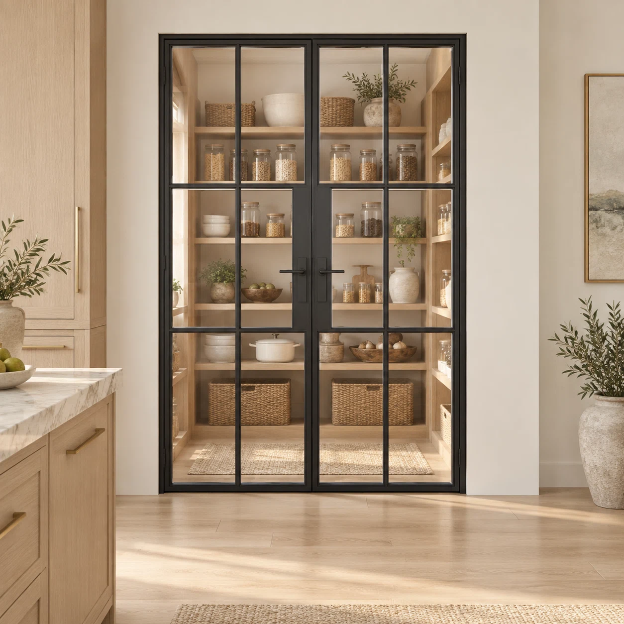 6S Double Cold-Rolled Steel Pantry Door leading into an oak pantry from an ivory kitchen — product visualization
