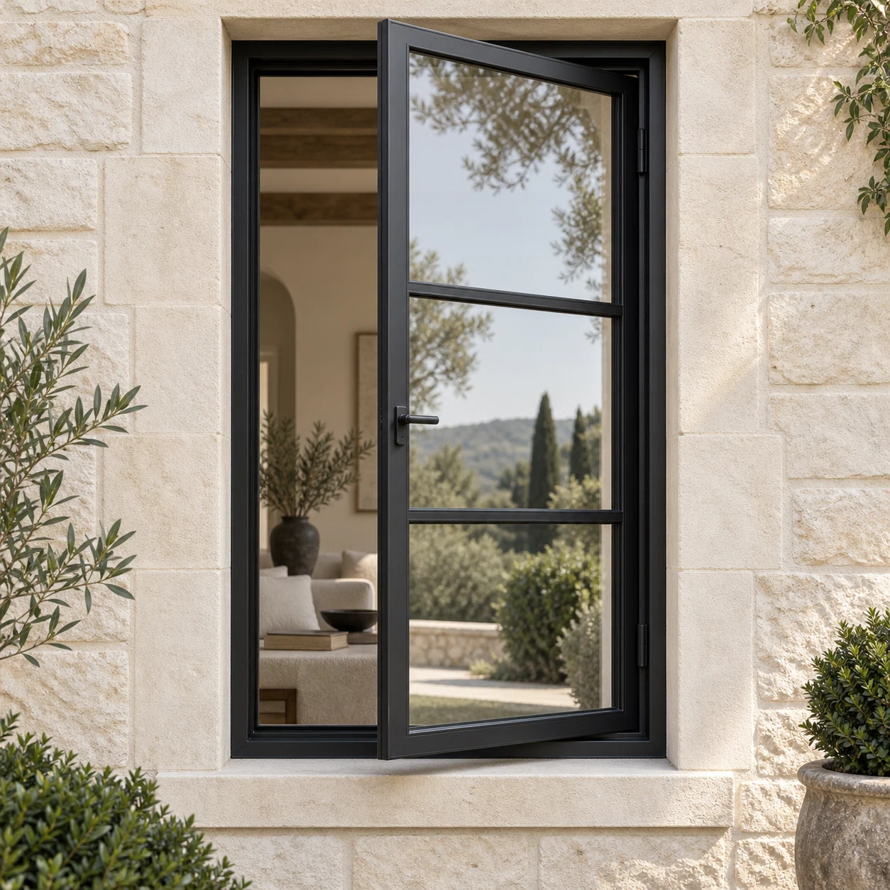 3 Lite black steel single casement window open in an ivory limestone exterior.