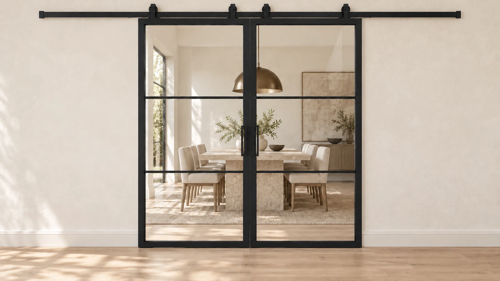 USABD 3 Lite Clear Double Barn Door with included rectangular pulls — dining