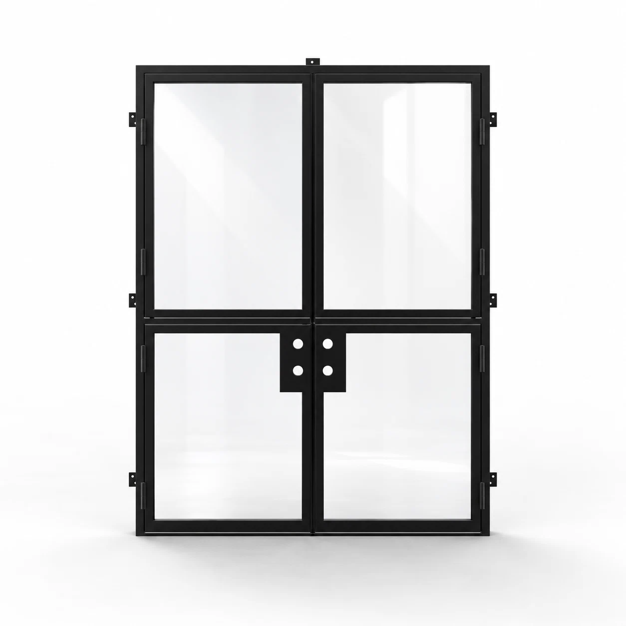 Black 2-lite double steel Dutch door on a white background — product visualization