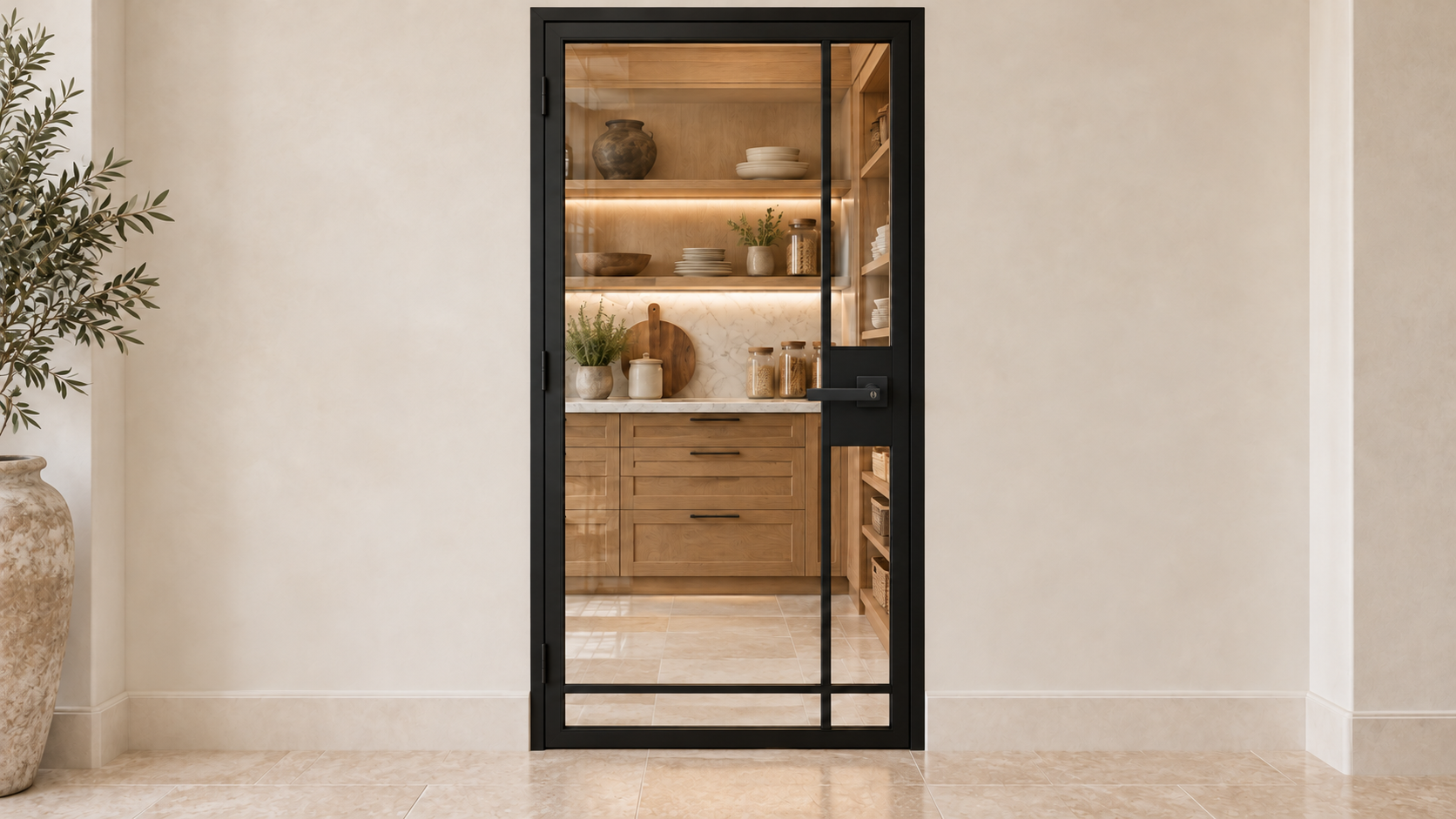 5 Lite Interior Steel Door with Offset Side and Bottom Dividers and included matte black lever — pantry