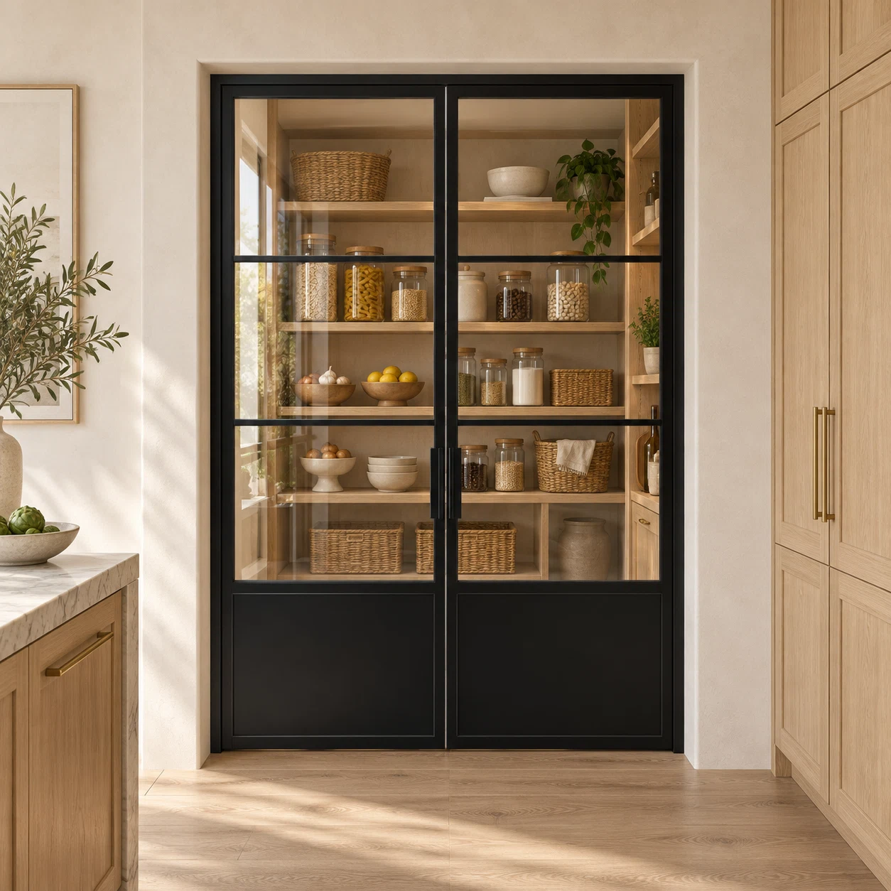 3-Lite Double Steel Pantry Door with Kickplate leading into an oak-shelved pantry from an ivory kitchen — product visualization