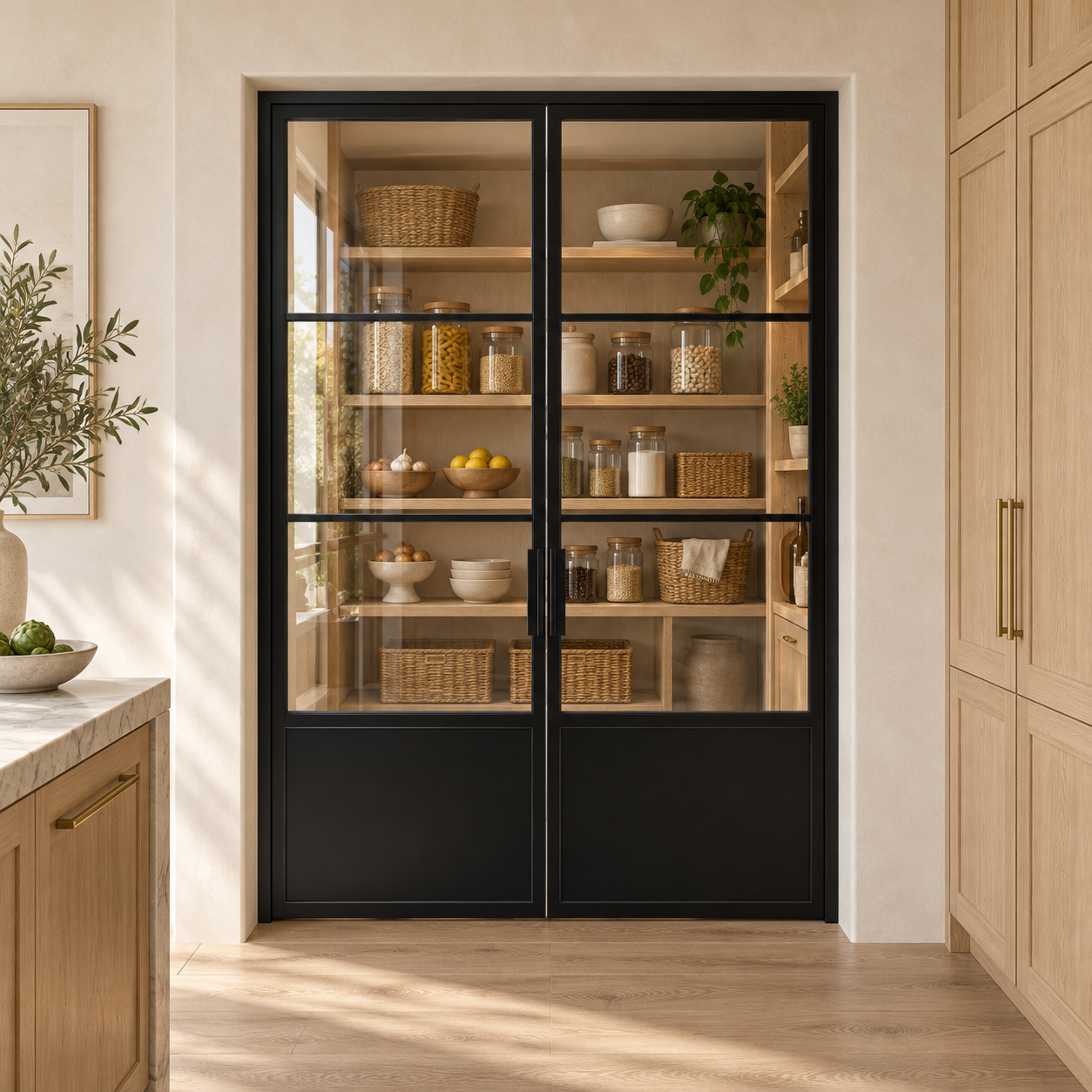 3-Lite Double Steel Pantry Door with Kickplate leading into an oak-shelved pantry from an ivory kitchen — product visualization