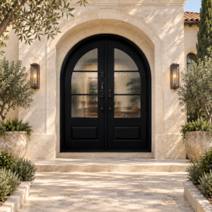 Bellavere arched double iron French door in a luxury villa setting — design visualization