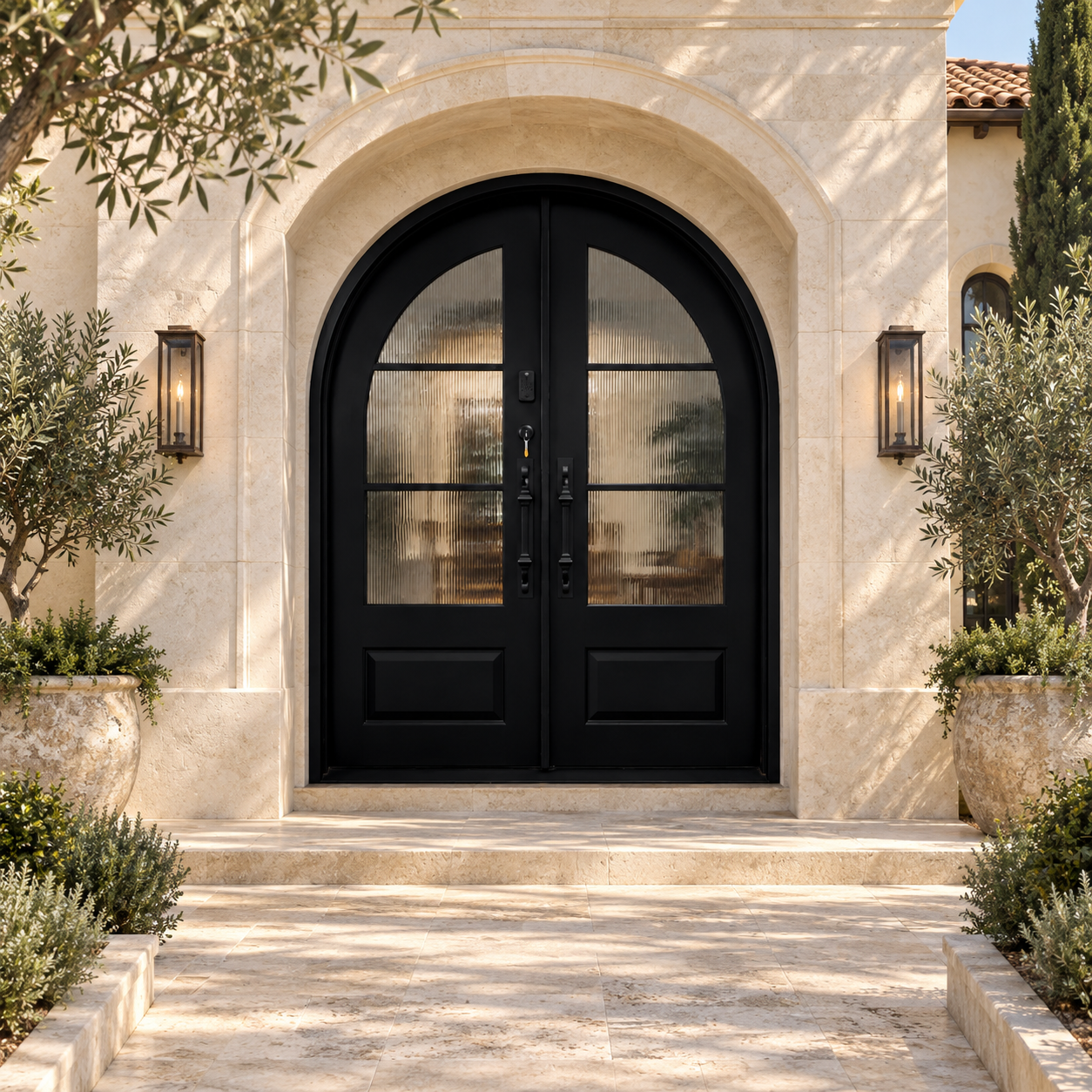 Bellavere arched double iron French door in a luxury villa setting — design visualization