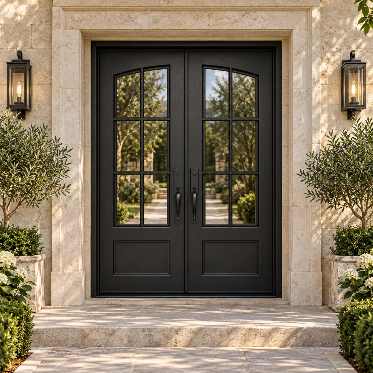 Aspen Double thermally broken black steel door in a luxury limestone exterior — lifestyle visualization