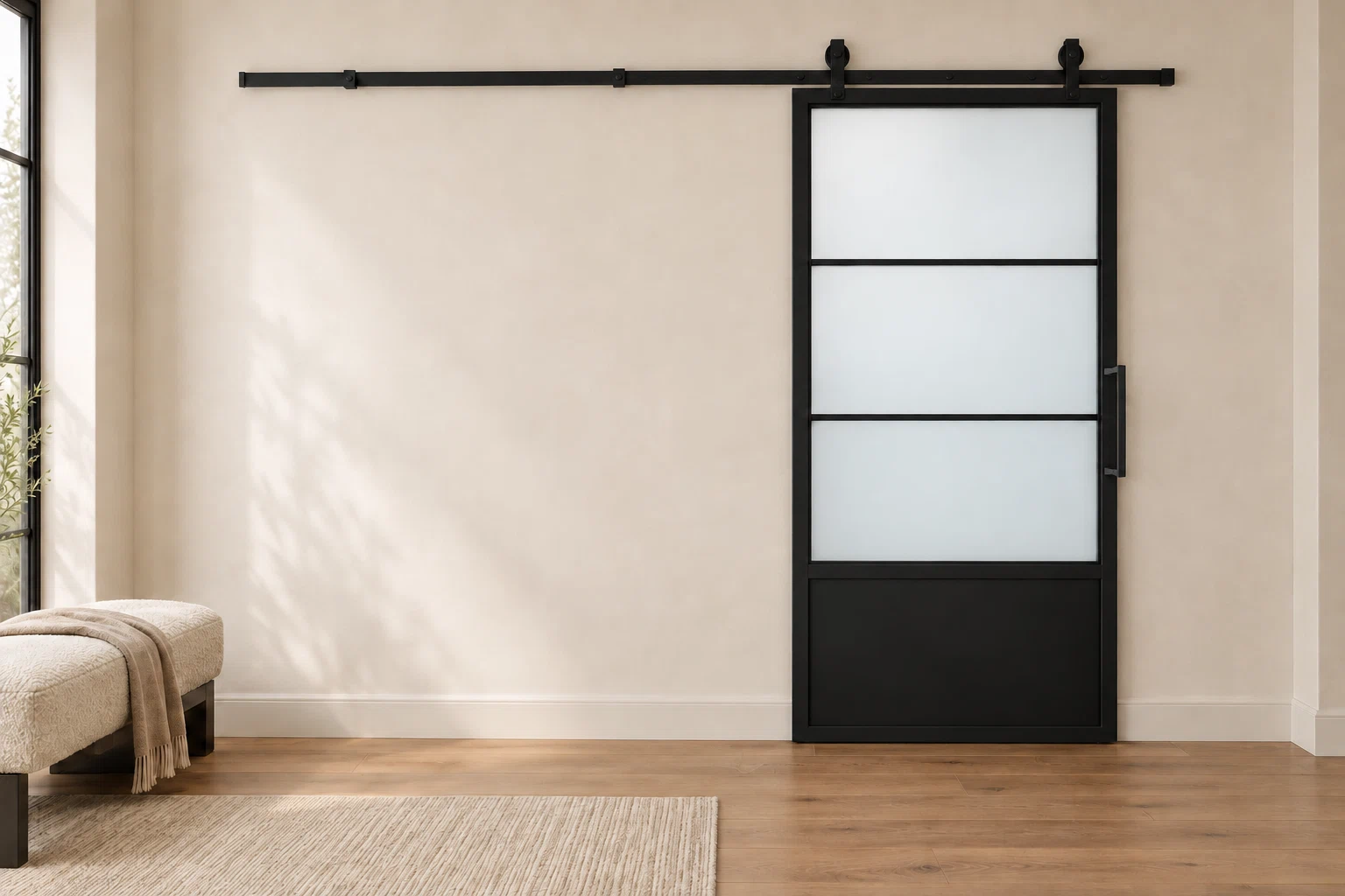 USABD 3 Lite frosted interior barn door with steel lower panel and included rectangular pull — dressing