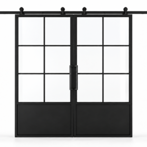 6 Lite double interior barn door with steel lower panels and included rectangular pulls — studio