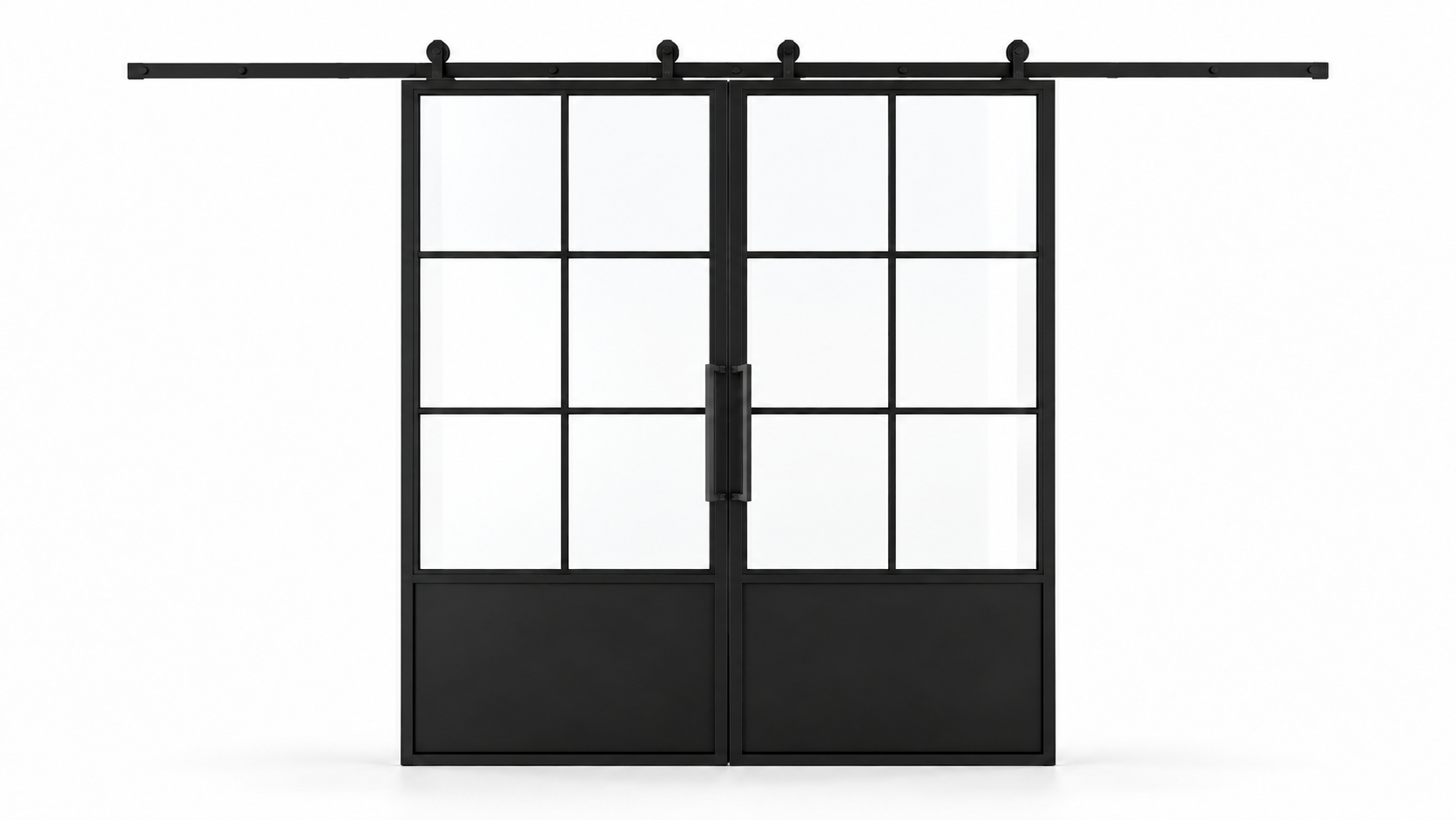 6 Lite double interior barn door with steel lower panels and included rectangular pulls — studio