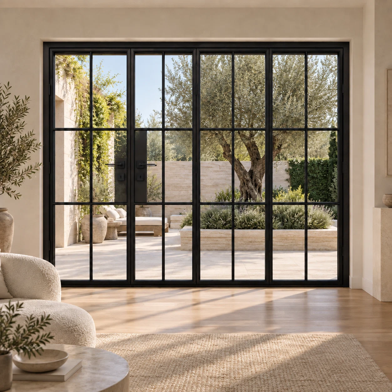 6S 3+1-panel black steel bifold door in a limestone living room overlooking an olive courtyard — lifestyle visualization