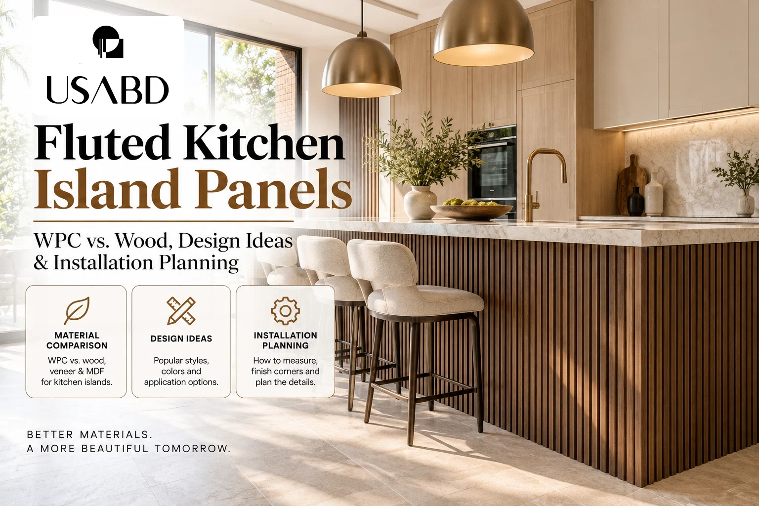 USA Builders Depot walnut-look fluted kitchen island guide with approved official logo