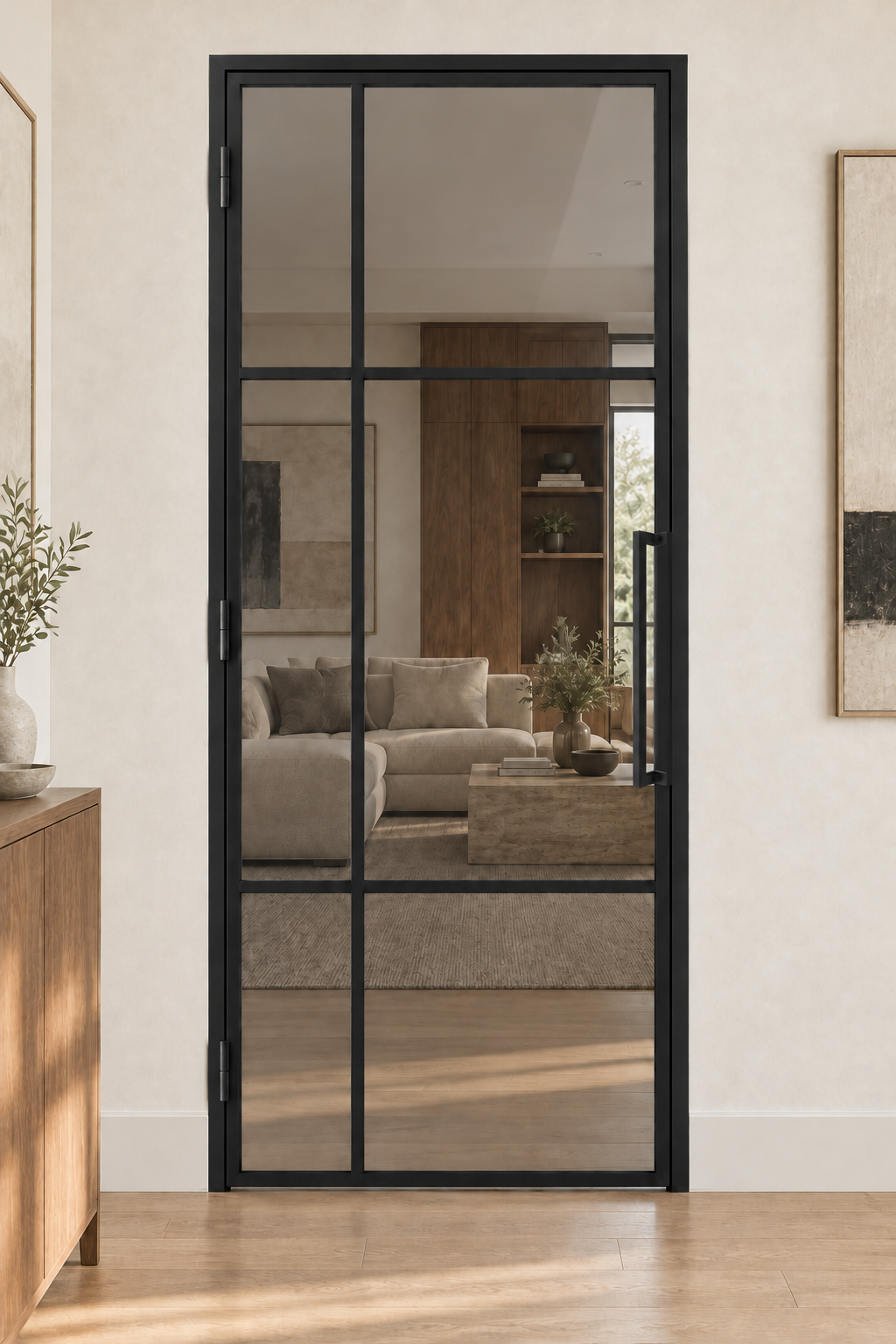6 Lite gray-glass offset-grid interior door with included rectangular pull – lounge