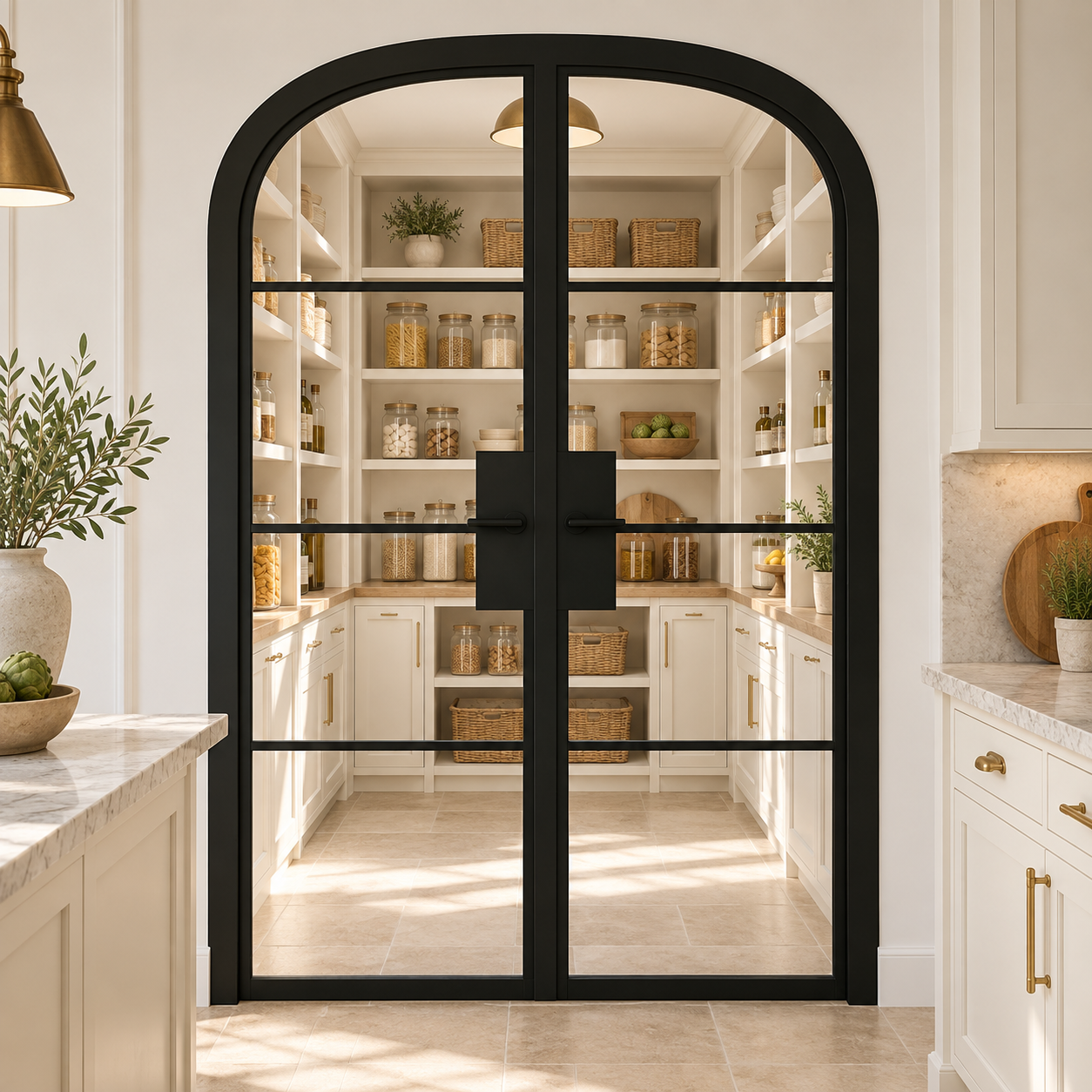 4 Lite Steel Pantry Round Top French Double Door leading into a cream pantry from a limestone kitchen — product visualization