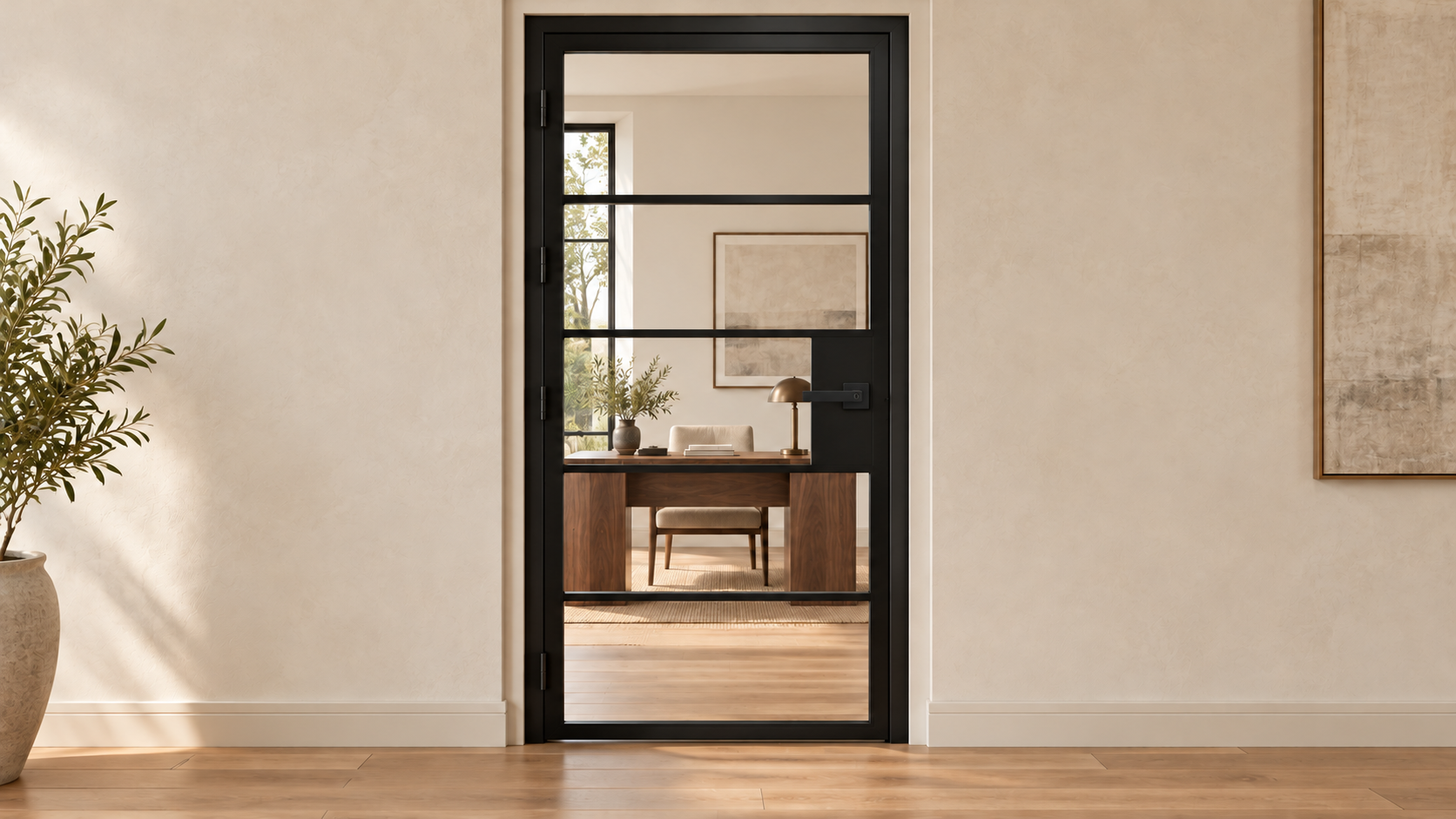 5 Lite clear-glass interior steel hinged door with included black keyed lever-lock — office