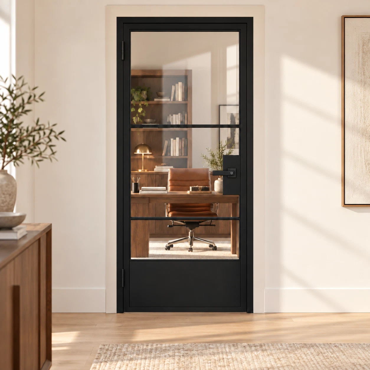 USABD 3 Lite Interior Steel Door with Short Bottom Panel and included keyed rectangular lever — office