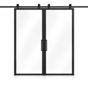 USABD Full Lite Interior Steel Double Barn Door with included rectangular pulls — studio view