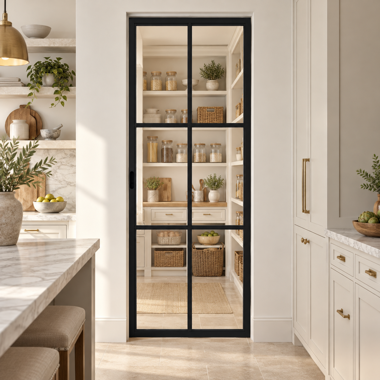 6-Lite Single Steel Pocket Pantry Door leading into a cream pantry from a limestone kitchen — product visualization