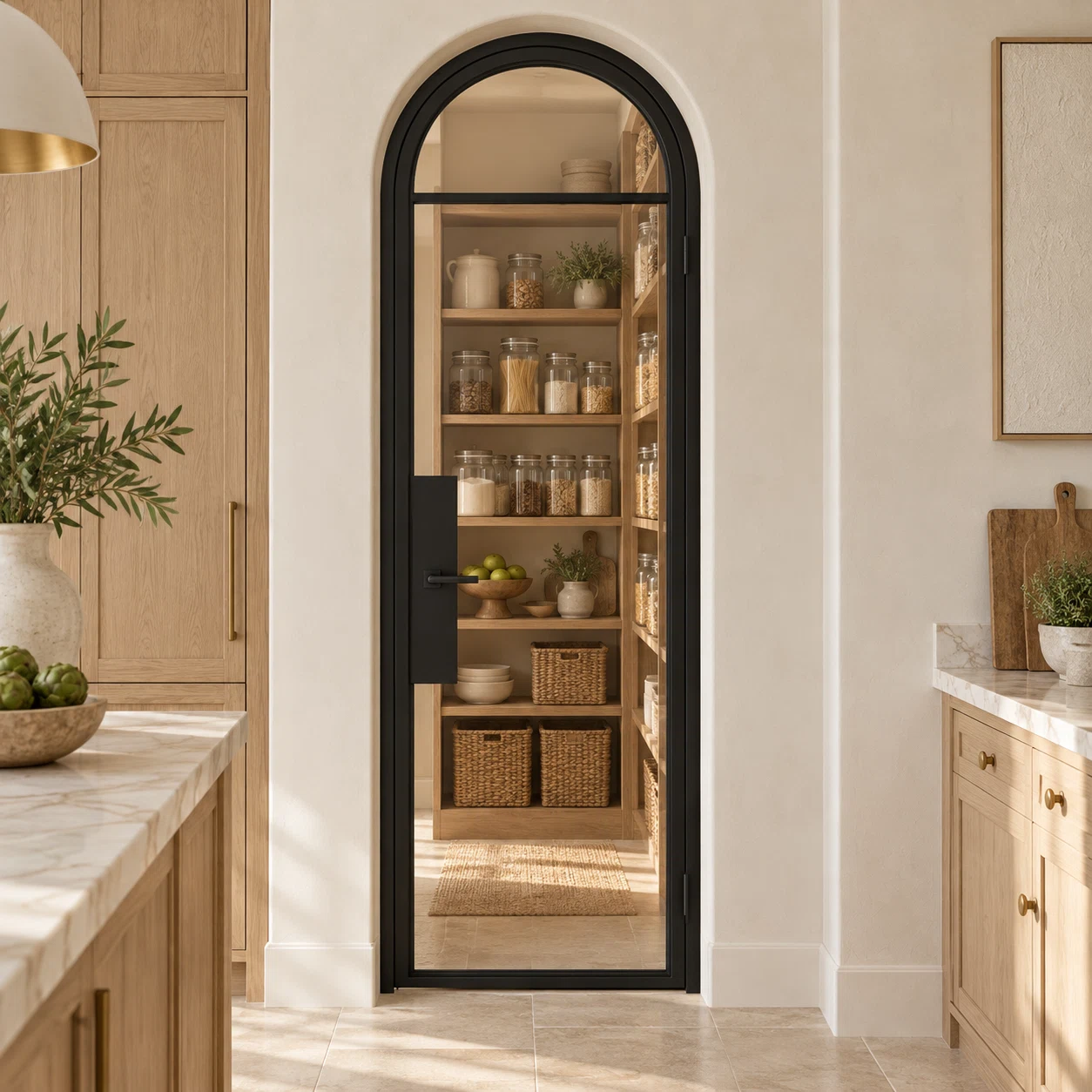 2 Lite Steel Pantry Round Top French Door leading into an oak pantry from an ivory kitchen — product visualization
