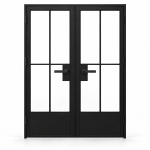 USABD 4 Lite interior double French door with grid and bottom panels and included lever hardware — studio view