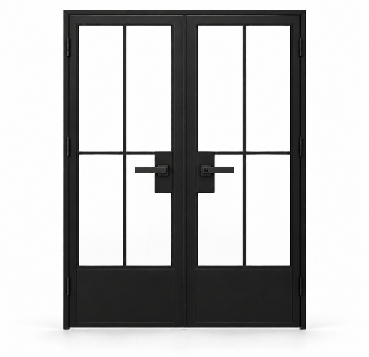 USABD 4 Lite interior double French door with grid and bottom panels and included lever hardware — studio view