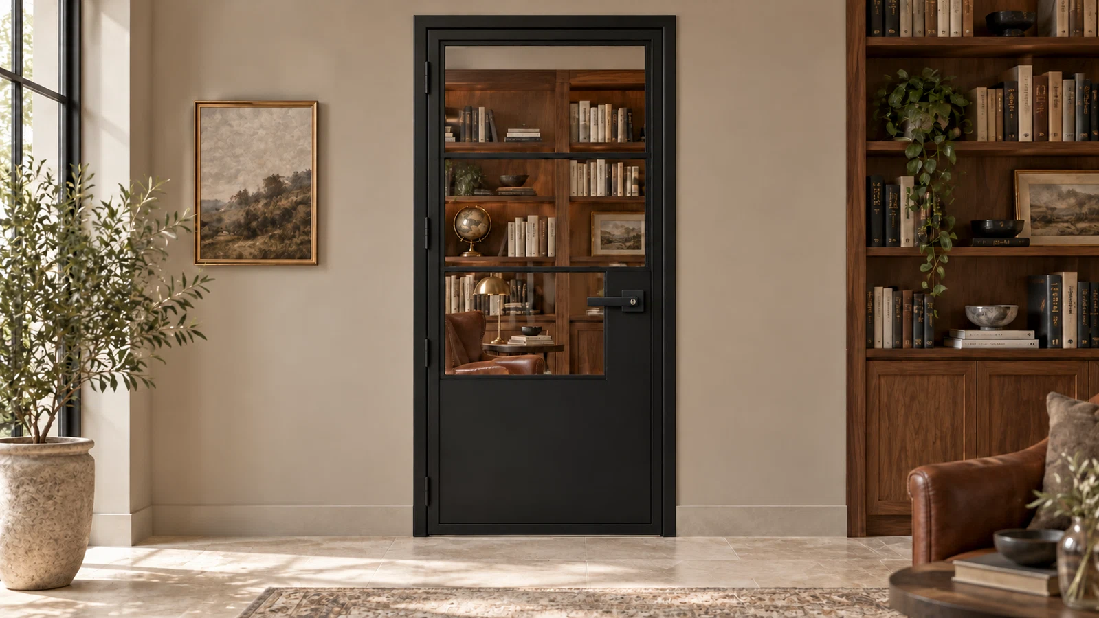 USABD 3 Lite Interior Steel Door with Tall Bottom Panel and included rectangular keyed lever — library
